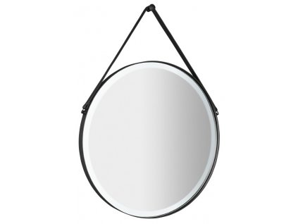 ORBITER kulaté zrcadlo s LED osvětlením o 70cm, kožený pásek, černá mat