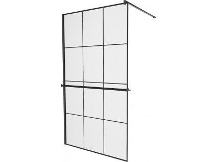 MEXEN/S - KIOTO Sprchová zástěna WALK-IN s poličkou a držákem ručníků 100 x 200, transparent/černá 8 mm, černá 800-100-121-70-77