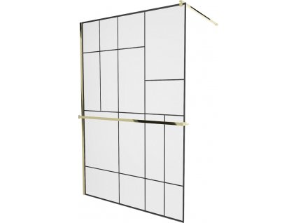 MEXEN/S - KIOTO Sprchová zástěna WALK-IN s poličkou a držákem ručníků 100 x 200, transparent/černá 8 mm, zlatá 800-100-121-50-78