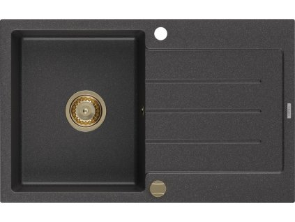 MEXEN/S - Bruno granitový dřez 1 s odkapávačem 795x495 mm, černá kropenatá, + zlatý sifon 6513791010-76-G