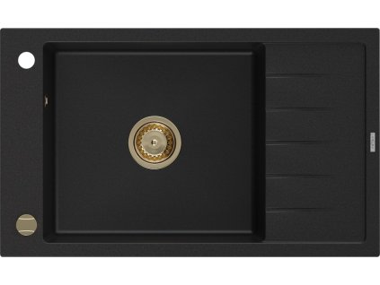 MEXEN/S - Elias granitový dřez 1-miska s odkapávačem 795 x 480 mm, černý, zlatý sifon 6511791005-77-G