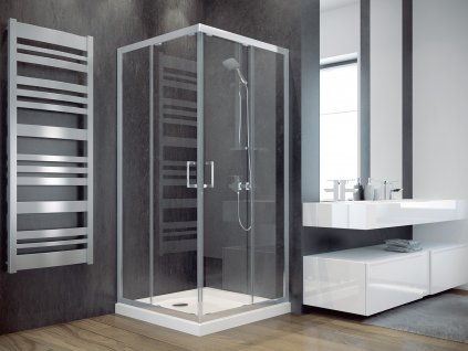 Čtvercový sprchový kout MODERN 185 + vanička z litého mramoru, 90 cm, 90 cm, Frost bezpečnostní sklo - 6 mm, Včetně vaničky, Chrom/Leštěný hliník (ALU)