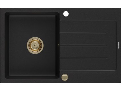 MEXEN/S - Bruno granitový dřez 1-miska s odkapávačem 795 x 495 mm, černý, zlatý sifon 6513791010-77-G