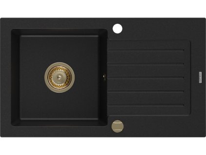 MEXEN/S - Pablo granitový dřez 1-miska s odkapávačem 752 x 436 mm, černý, zlatý sifon 6510751010-77-G