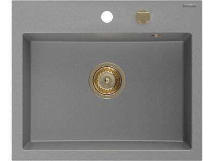 MEXEN/S - Oscar granitový dřez 580 x 490 mm, šedá, zlatý sifon 6519581000-71-G