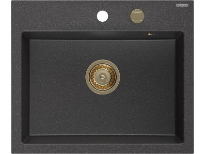 MEXEN/S - Oscar granitový dřez 580 x 490 mm, černá kropenatá, zlatý sifon 6519581000-76-G