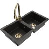 MEXEN/S - Mario granitový dřez 2-bowl včetně baterie Elia, černá/zlatá metalik 6504-75-670101-50