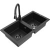 MEXEN/S - Mario granitový dřez 2-bowl včetně baterie Elia, černá/stříbrná metalik 6504-73-670101-70-B