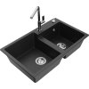 MEXEN/S - Tomas granitový dřez 2-bowl včetně baterie Flora, černá/srebrny metalik 6516-73-670401-00