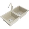 MEXEN/S - Mario granitový dřez 2-bowl včetně baterie Flora, béžová 6504-69-670401-09