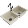 MEXEN/S - Mario granitový dřez 2-bowl včetně baterie Flora, béžová 6504-69-670401-70-B
