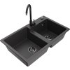 MEXEN/S - Tomas granitový dřez 2-bowl včetně baterie Telma, černá kropenatá 6516-76-670200-70-B