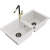MEXEN/S - Mario granitový dřez 2-bowl včetně baterie Flora, bílá 6504-20-670401-57-B