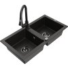 MEXEN/S - Mario granitový dřez 2-bowl včetně baterie Elia, černá/zlatá metalik 6504-75-670101-70-B