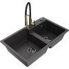 MEXEN/S - Tomas granitový dřez 2-bowl včetně baterie Aster, černá kropenatá 6516-76-73450-57-B