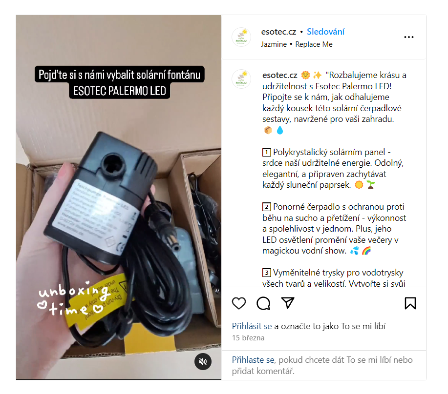 Unboxing Solární fontány Esotec PALERMO LED - nové reels na našem instagramu