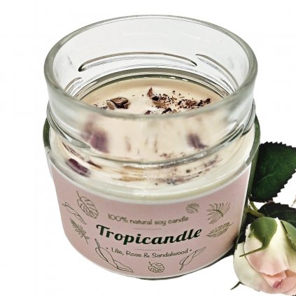 Veganská přírodní svíčka -Lilie,Růže a Santalové dřevo