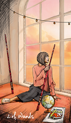 Mast žezlů. 2 žezlů.(2 of wands)