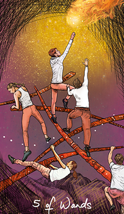 Mast žezlů. 5 žezlů (5 of Wands)