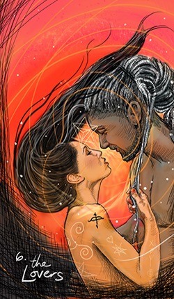 6. Zamilovaní (The Lovers): představuje volbu, harmonii a hluboké spojení mezi dvěma dušemi