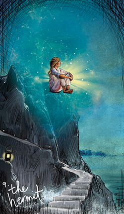 9. Poustevník (The Hermit): používá svou lucernu, aby jí osvětlila cestu