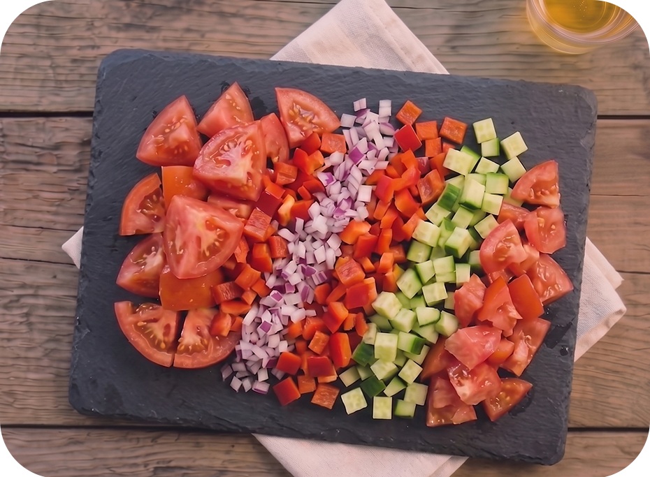 Nakrájaná zelenina potrebná na Gazpacho