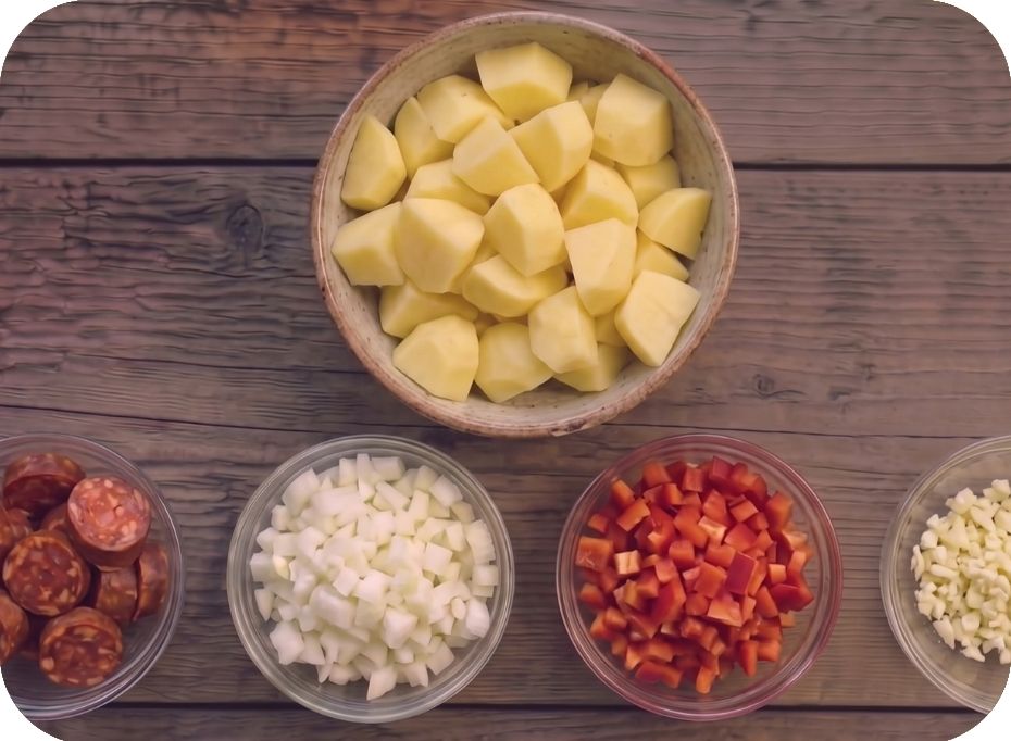 Misky s nakrájanými zemiakmi, chorizom, cibuľou, paprikou a cesnakom