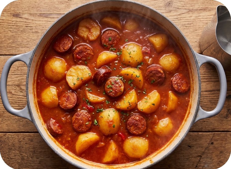 Hrniec s hotovými patatas a la riojana