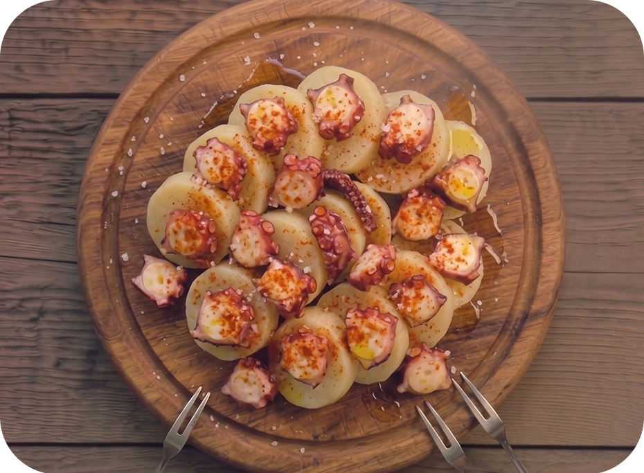 Pulpo a la Gallega na drevenej doske