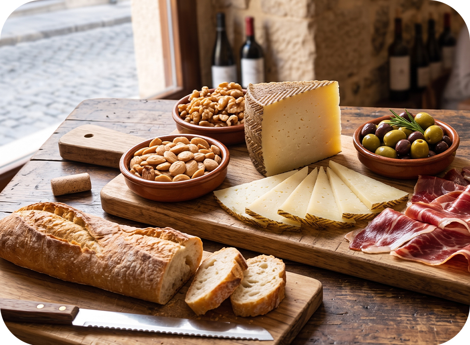 Nakrájaný Queso Manchego na drevenej doske