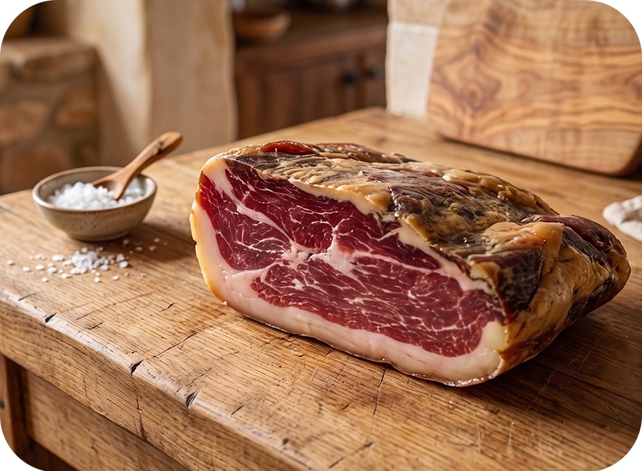 Veľký kus Jamón Ibérico položený na drevenom stole