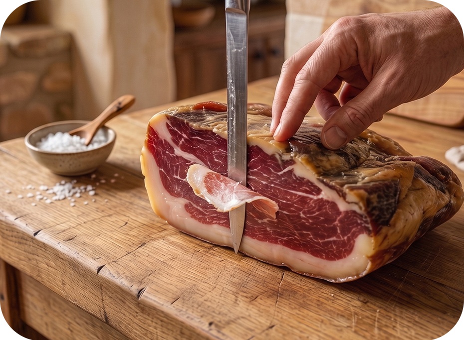 Ruka krájajúca tenké plátky Jamónu Ibérico