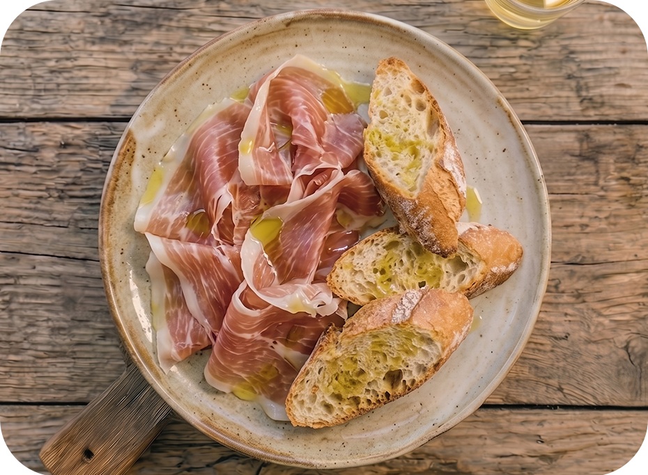 Jamón Ibérico naservírovaný na tanieri s bagetou