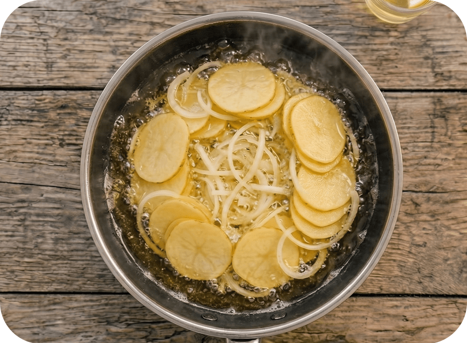 Zemiaky a cibuľa sa pražia na panvici