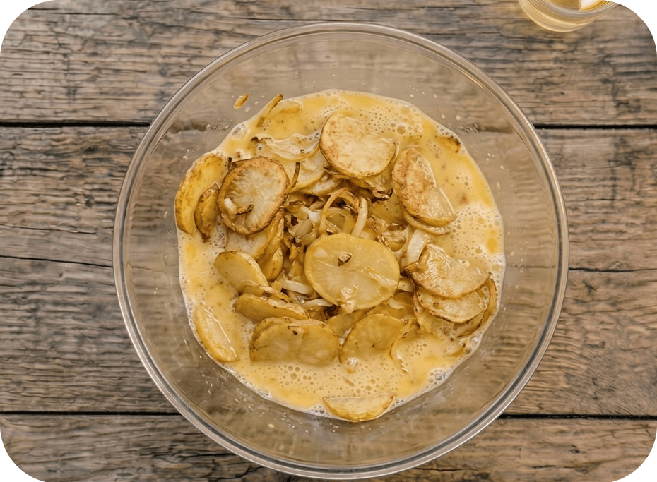 Opražené zemiaky a cibuľa v miske s rozšľahanými vajciami