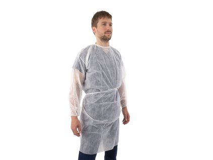 Plášť návštevnícky z netkanej textílie, zaväzovanie na krku av páse, 10 ks, biely