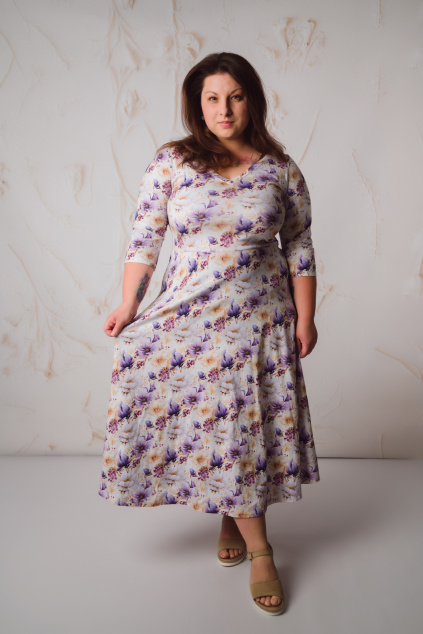 Dyzajnové šaty Klasik - fialové květy - krátké - vel. XS - skladem