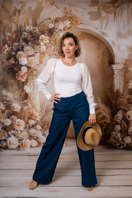 Bio bavlněné široké kalhoty - dlouhé - džínová - vel. S - skladem