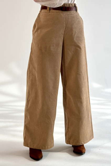 Bio bavlnené manšestrové široké kalhoty zlatistá písková expres (6)