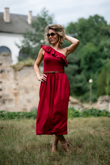 Tencelové šaty Violeta s volánem - malinová - midi 120 cm - vel. XXS, M - skladem