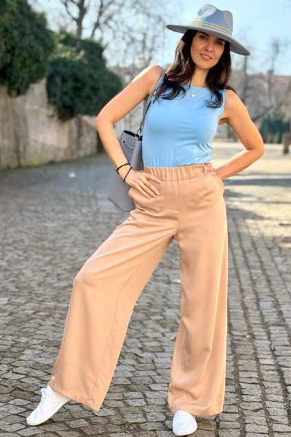 Tencelové široké kalhoty - dlouhé - písková - vel. M - skladem