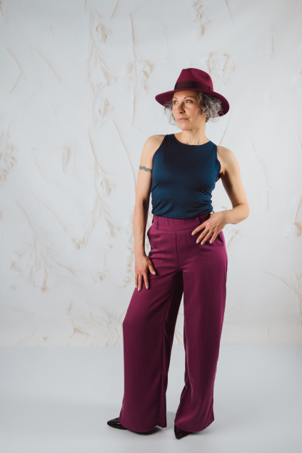 Tencelové široké kalhoty - dlouhé - cherry - vel. M - skladem