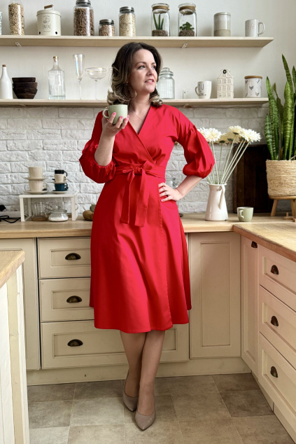 Bavlněné strečové zavinovací šaty Mirabela - červená - 3 týdny