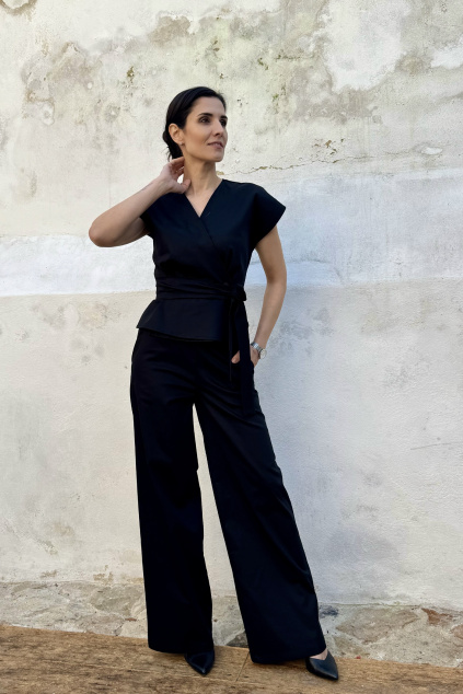 Bavlněné strečové široké kalhoty - černá