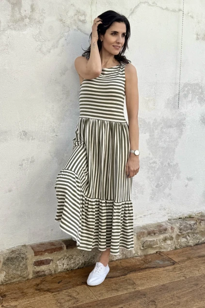 Proužkované šaty řasené - olivová - smetanová - 2 týdny