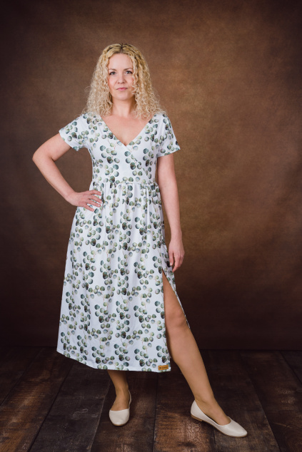 Dyzajnové šaty Julia midi - eukalyptus - vel. XS - délka 115 cm - s rozparkem - skladem