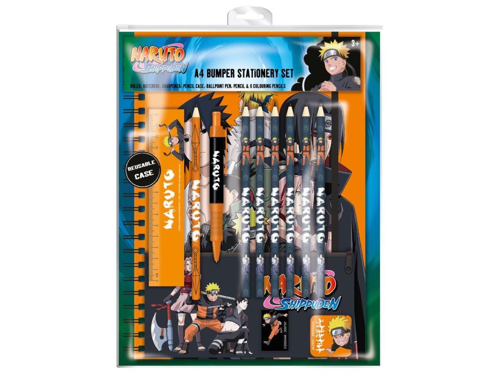 Set školních potřeb Naruto Shippuden: Postavy (blok A5, penál, propiska, pastelky, tužka, pravítko, ořezávátko, guma)