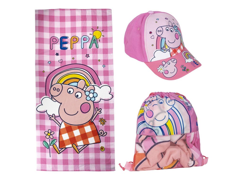 Ručník - osuška s kšiltovkou a pytlíkem Peppa Pig | Prasátko Peppa: Duha (70 x 140 cm)