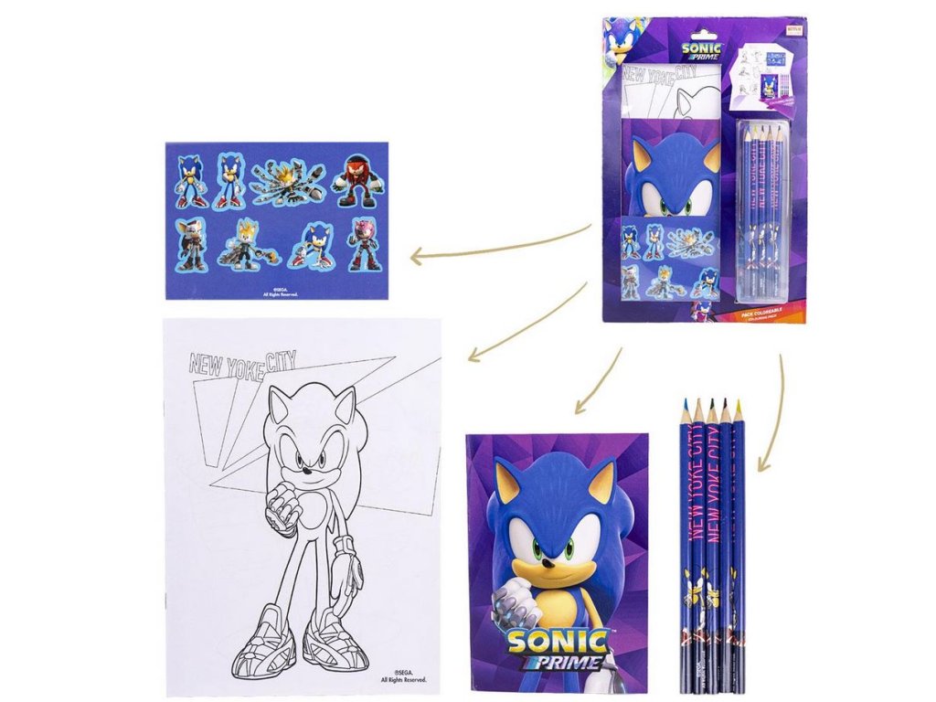 Kreativní set Sonic Prime | Ježek Sonic (omalovánky, pastelky, samolepky, blok | 22 x 32 cm)