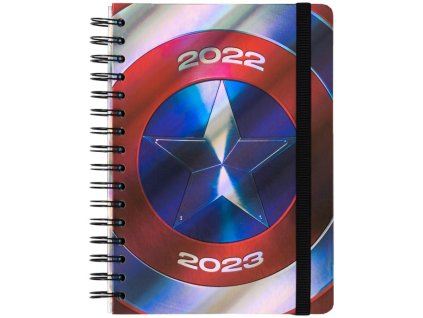 Plánovací týdenní školní diář A5 2022/2023 Marvel: Captain America se samolepkami, záložkami a obálkou (14,8 x 21 cm)